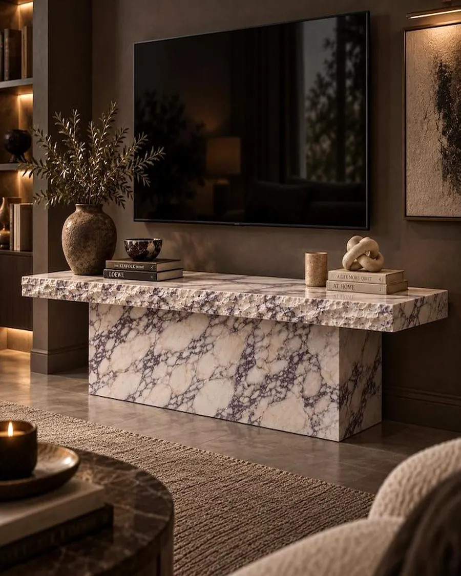 Chiselled edge marble console and media unit with lavender veining