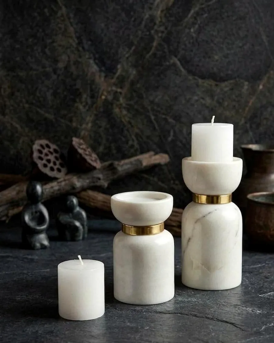 Pillar Candle Holders with Brass Ring — handcrafted marble by Authentic Jewels of Marble, Agra