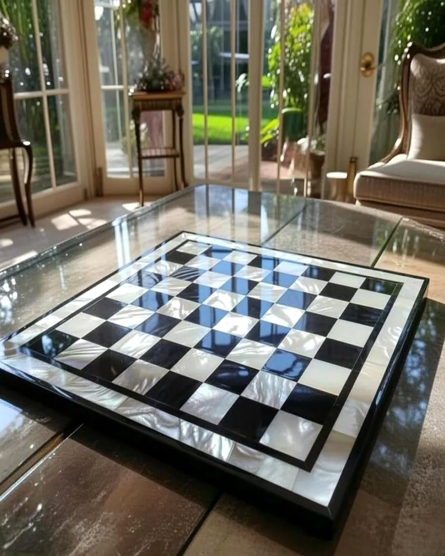 Black marble and mother of pearl inlay chess board