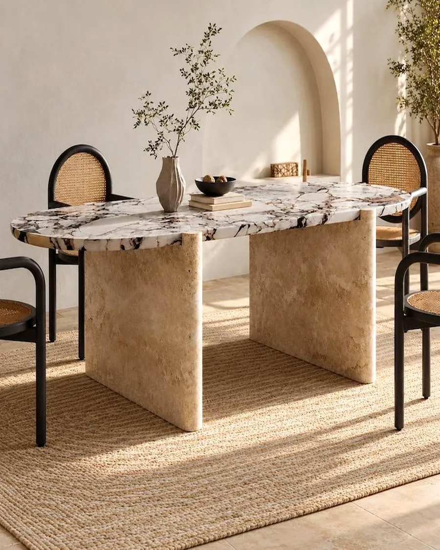 Oval Dining Table with Travertine Legs — handcrafted marble by Authentic Jewels of Marble, Agra