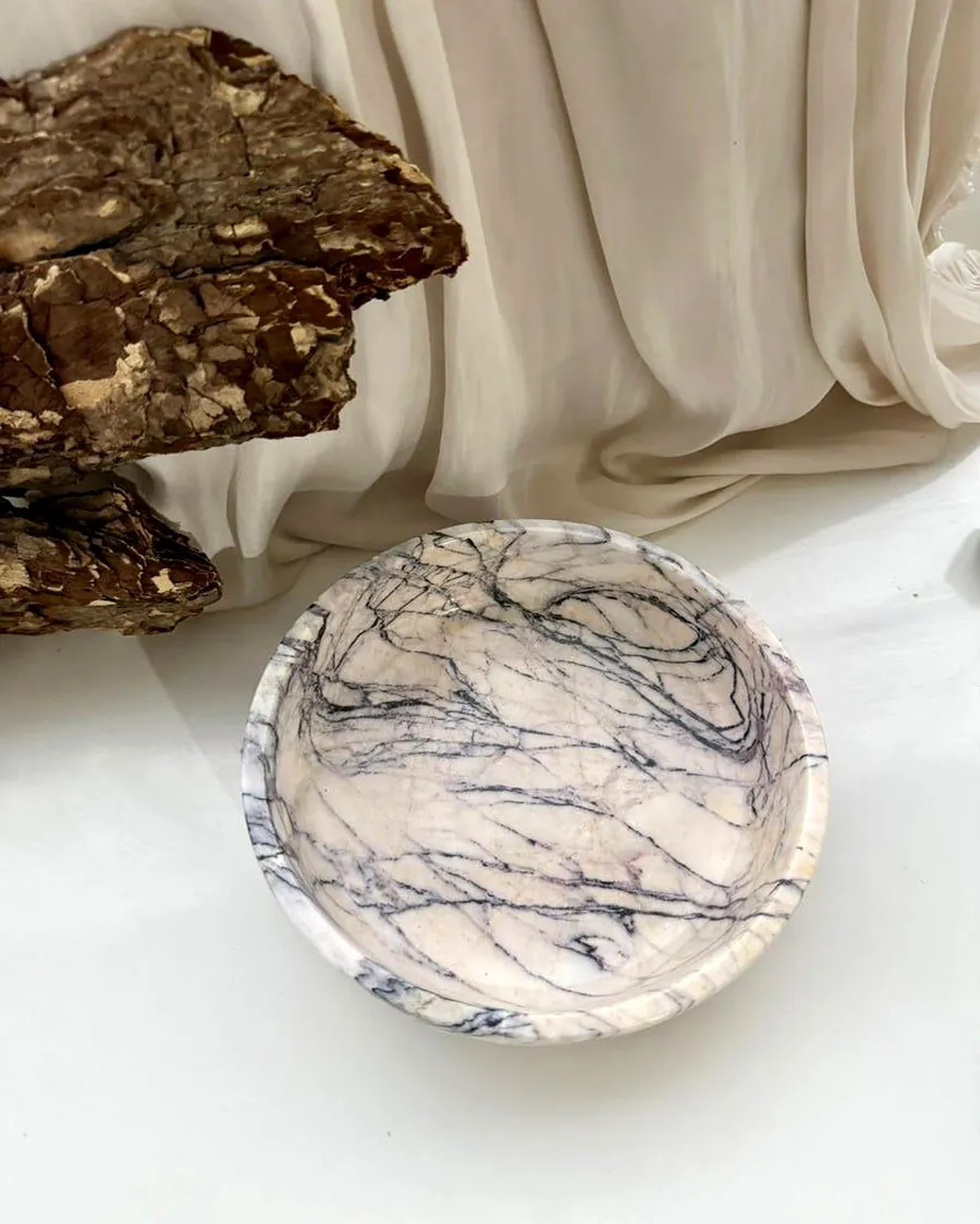 Round Trinket Bowl with Violet Veining — handcrafted marble by Authentic Jewels of Marble, Agra