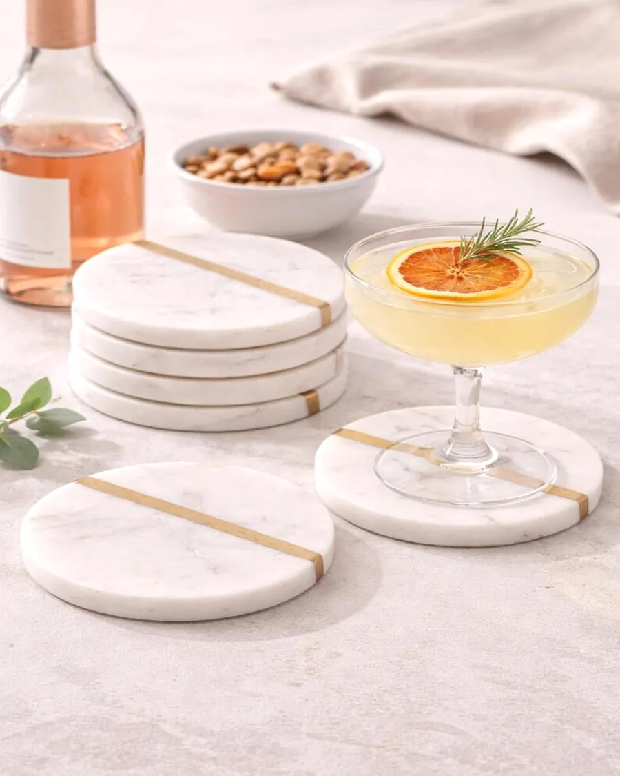 White Marble Coasters with Brass Inlay